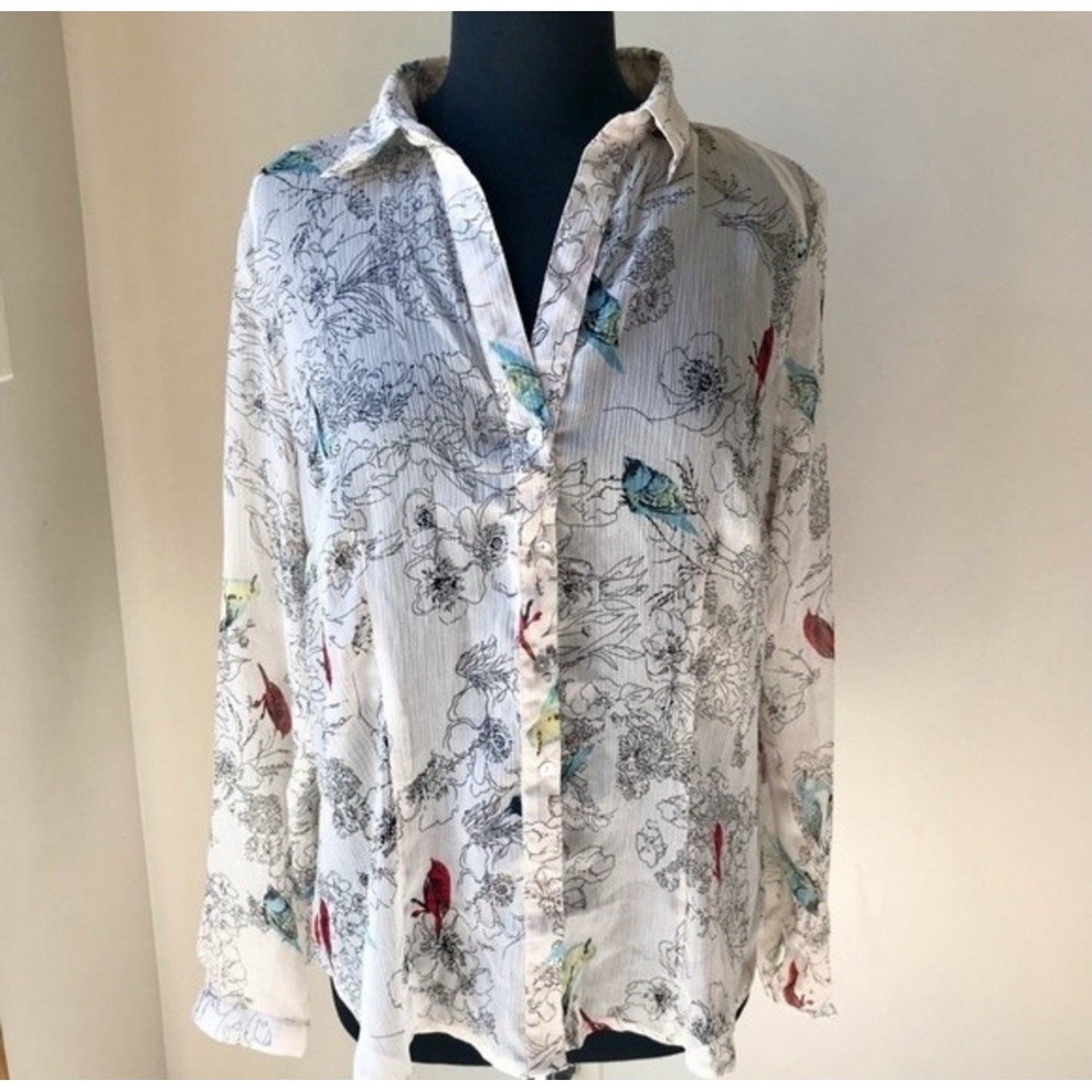 Sweet Magnolia Sheer Birds Cardinal Etched Sketched Pearl Ivory Blouse Top XL/14